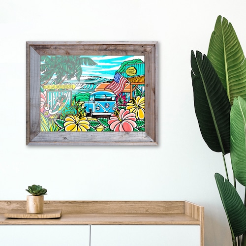 Wood Panel L Size（Haleiwa Town）with Recycled Wood Frame