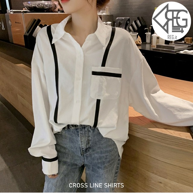 【REGIT】【即納】CROSS LINE SHIRTS 韓国ファッション 韓国服 白シャツ シャツ おしゃれ おしゃれなシャツ 黒シャツ プチプラコーデ SALE