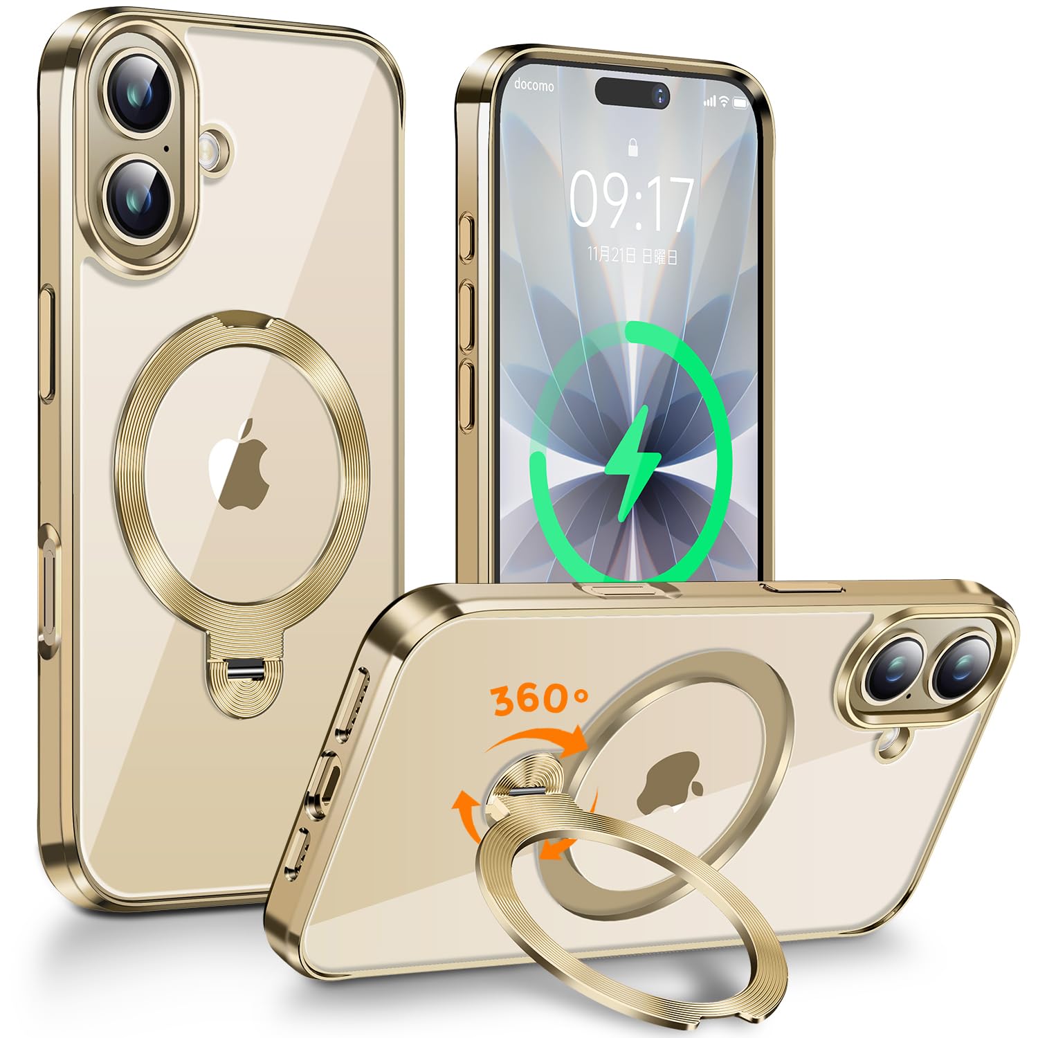【360°回転無制限・縦横両対応】FONKCASE iPhone 17 用 ケース Magsafe対応 CDリング・スタンド一体 (ゴールド)