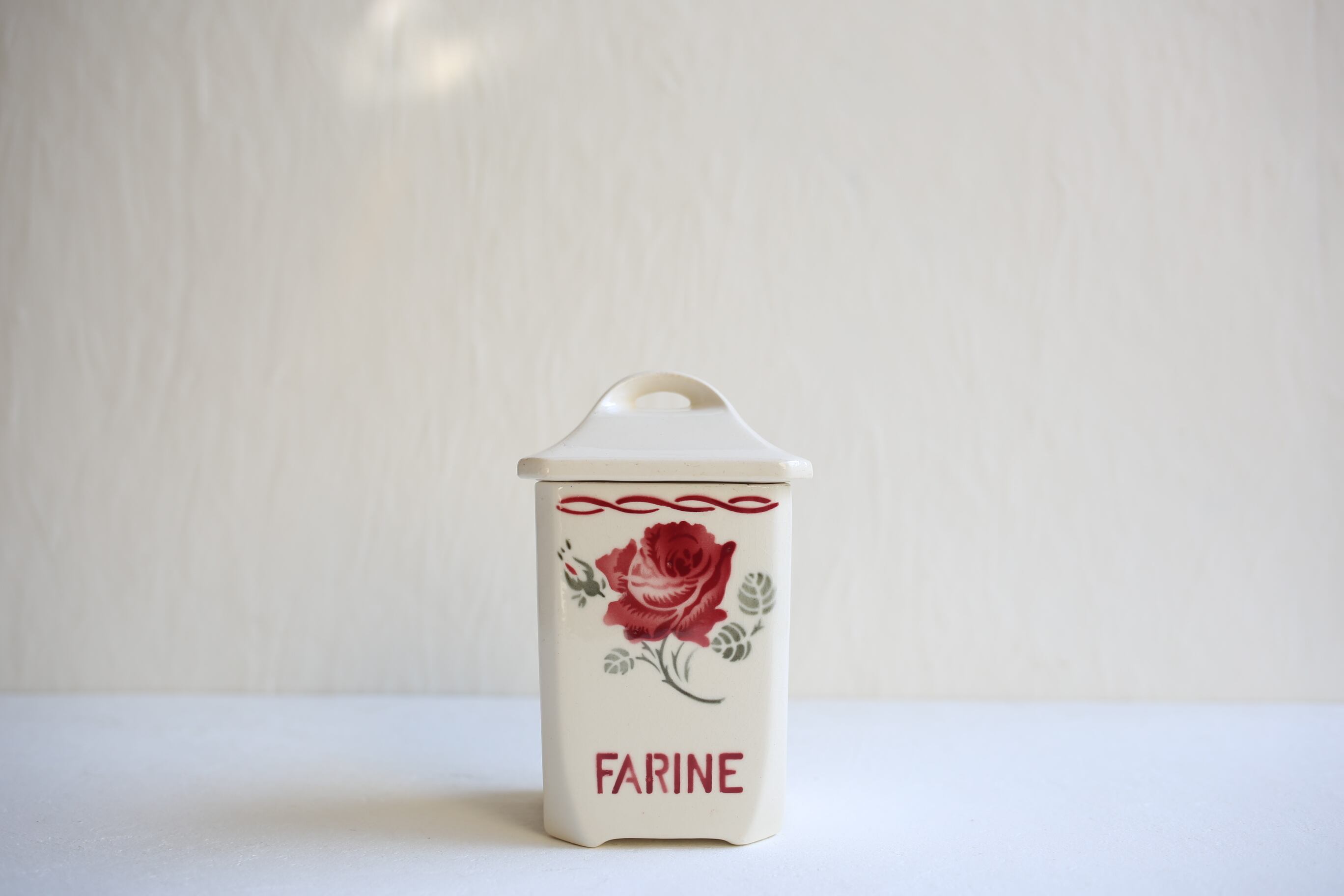 フランス アンティーク ヴィンテージ Badonviller 陶器製 キャニスター ローズ柄『FARINE』 N-03186f