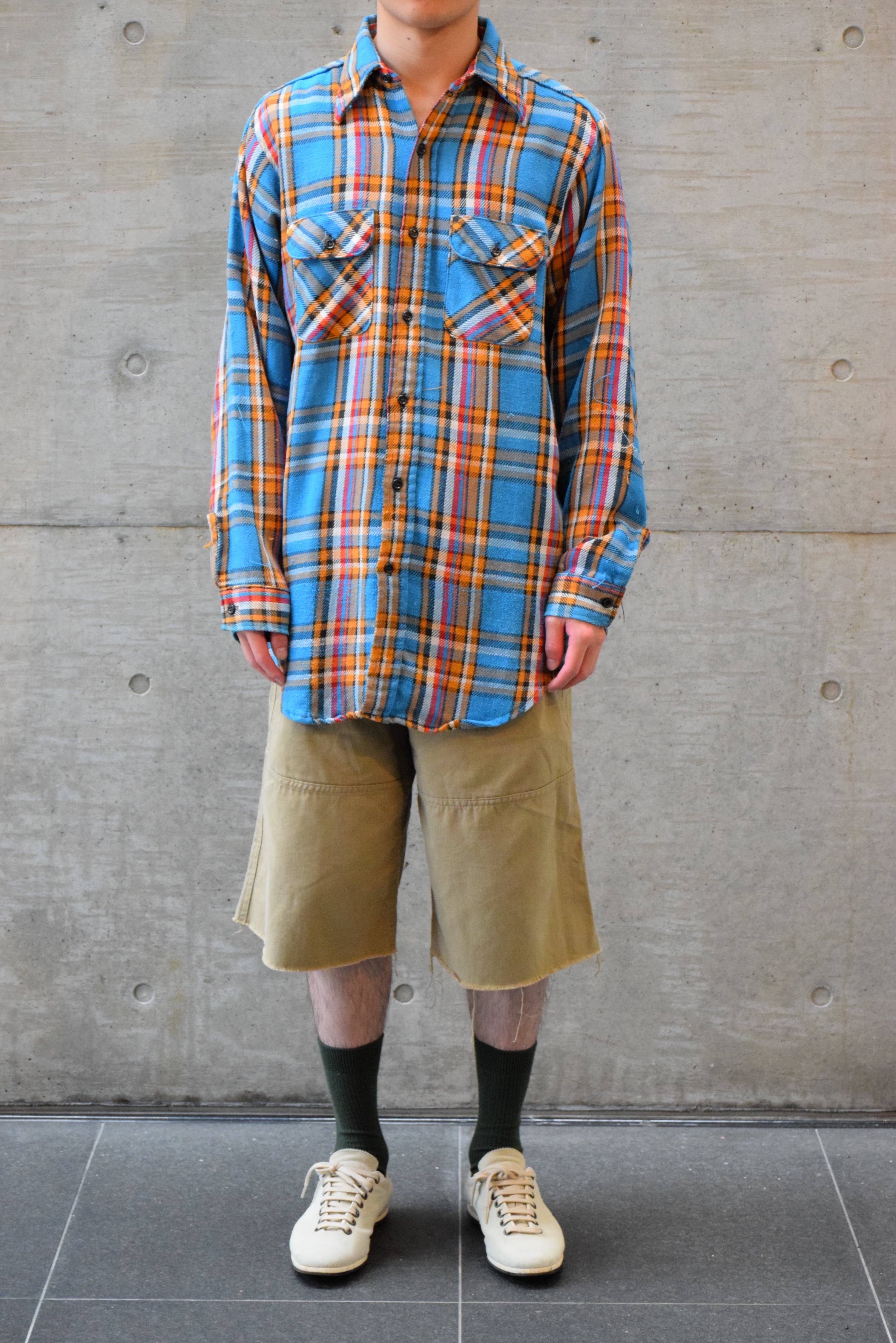 60's FIVE BROTHER ネルシャツ メンズL ブルー×オレンジ ヘビネル