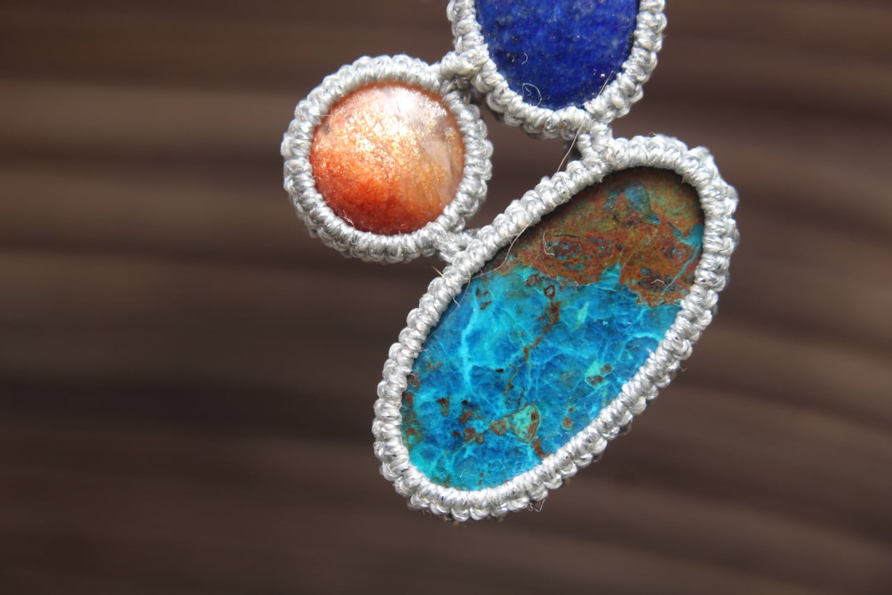 Chrysocolla malachite & Sunstone & Lapis lazuli micro macrame pendant
