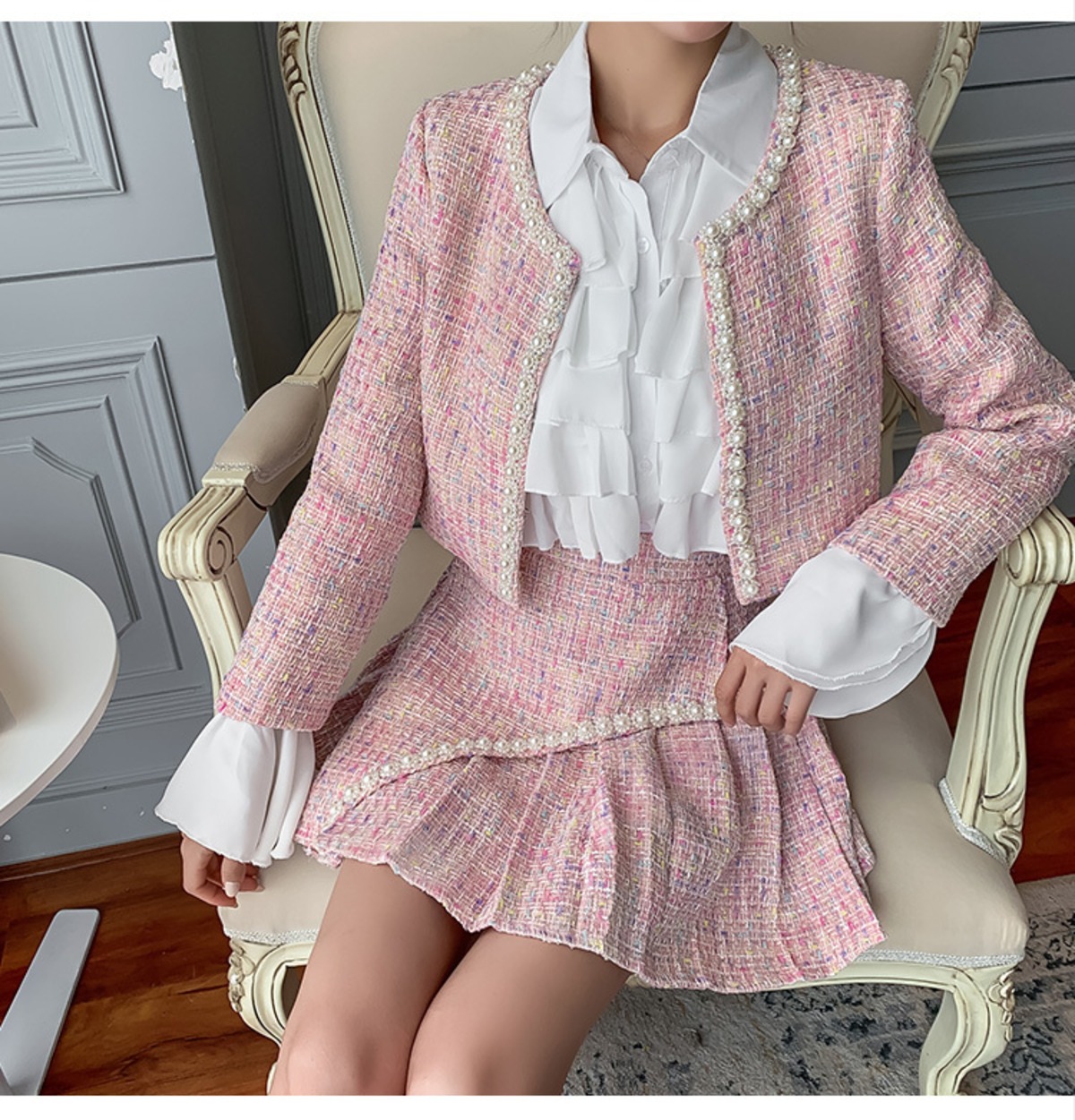 美品！ セオリーリュクス ノーカラーツイードセットアップ ブルー 結い  