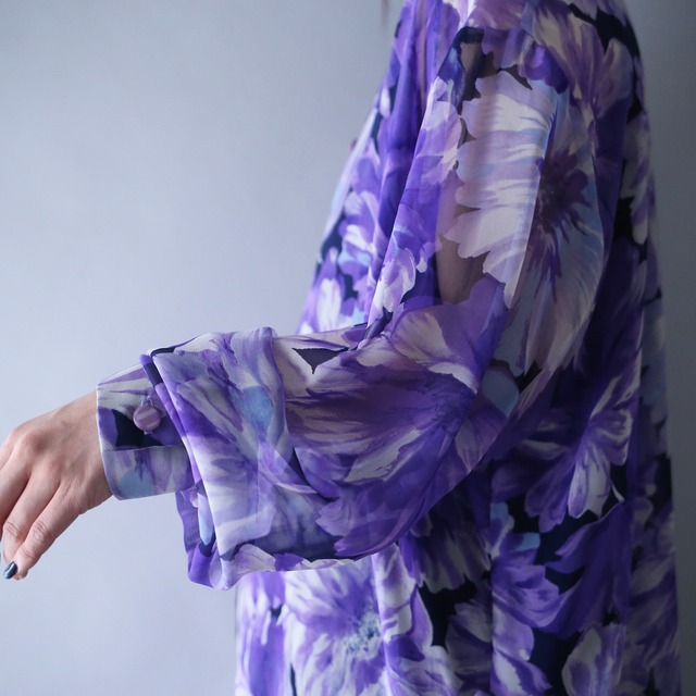 violet beautiful flower art pattern over silhouette see-through shirt