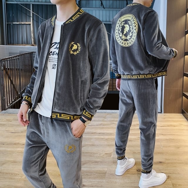 【予約販売】メンズ セットアップ 上下 ベロア調 ゴールドアクセント ブラック グレー 長袖 防寒 ジム スポーツウエア カジュアル 秋冬 大きいサイズ M/L/XL/2XL/3XL/4XL