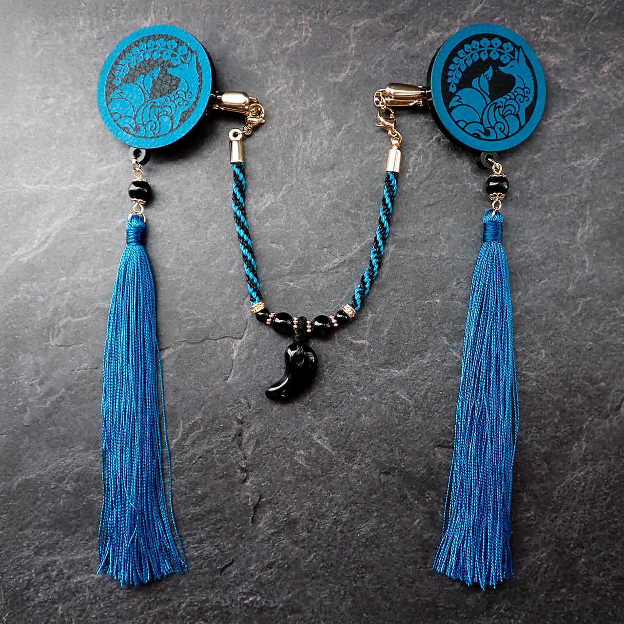 【受注生産】九尾の狐　二条藤紋の羽織紐　青×黒　