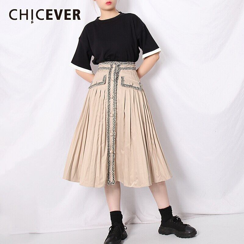 CHICEVERツイードレディーススカートウエストパッチワークボタンポケットプリーツカーキAラインミディスカート2021秋の服 オータム 秋物 6base556629889993