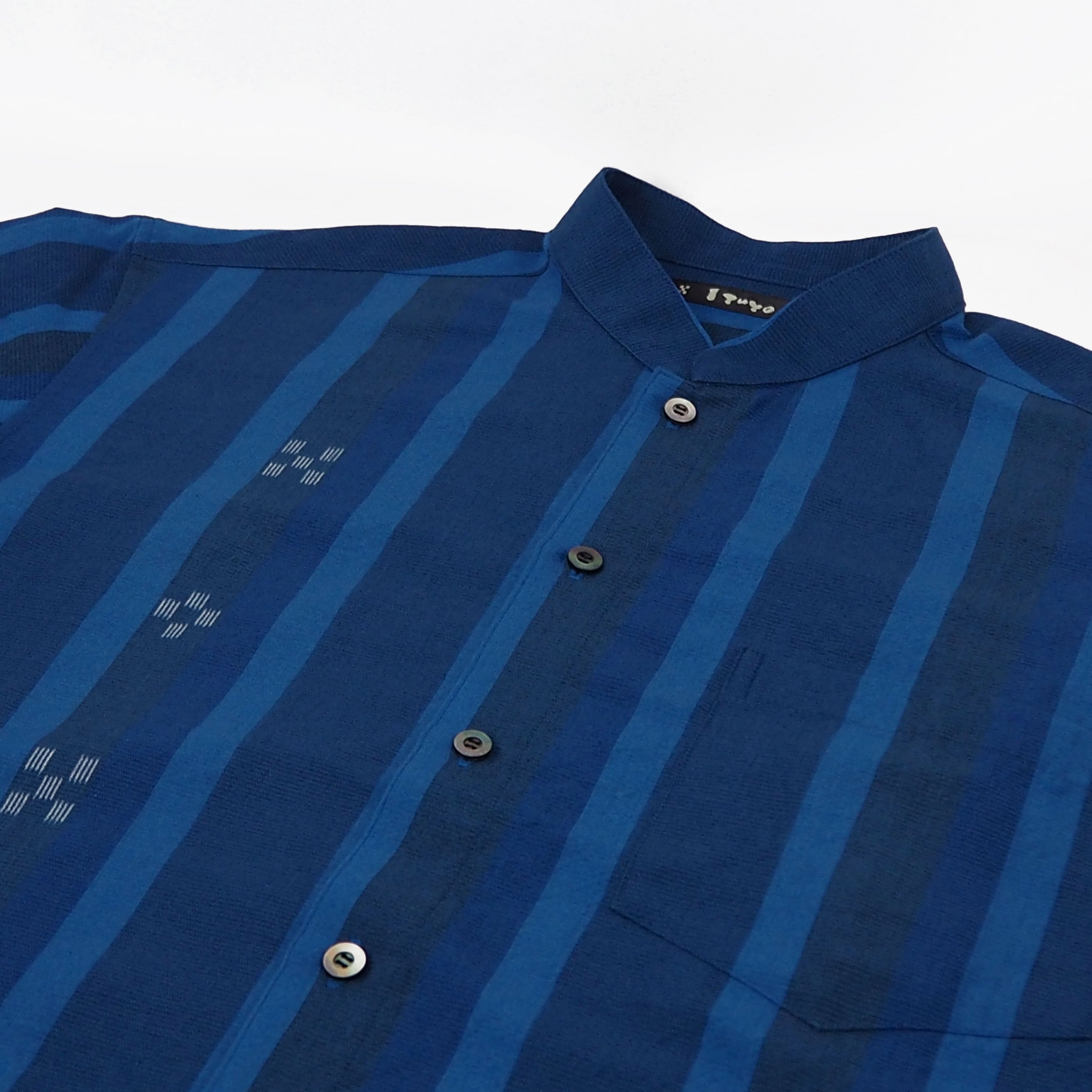 総手織り 藍 マオカラー 半袖 シャツ [ITUYO] メンズ かりゆしウェア