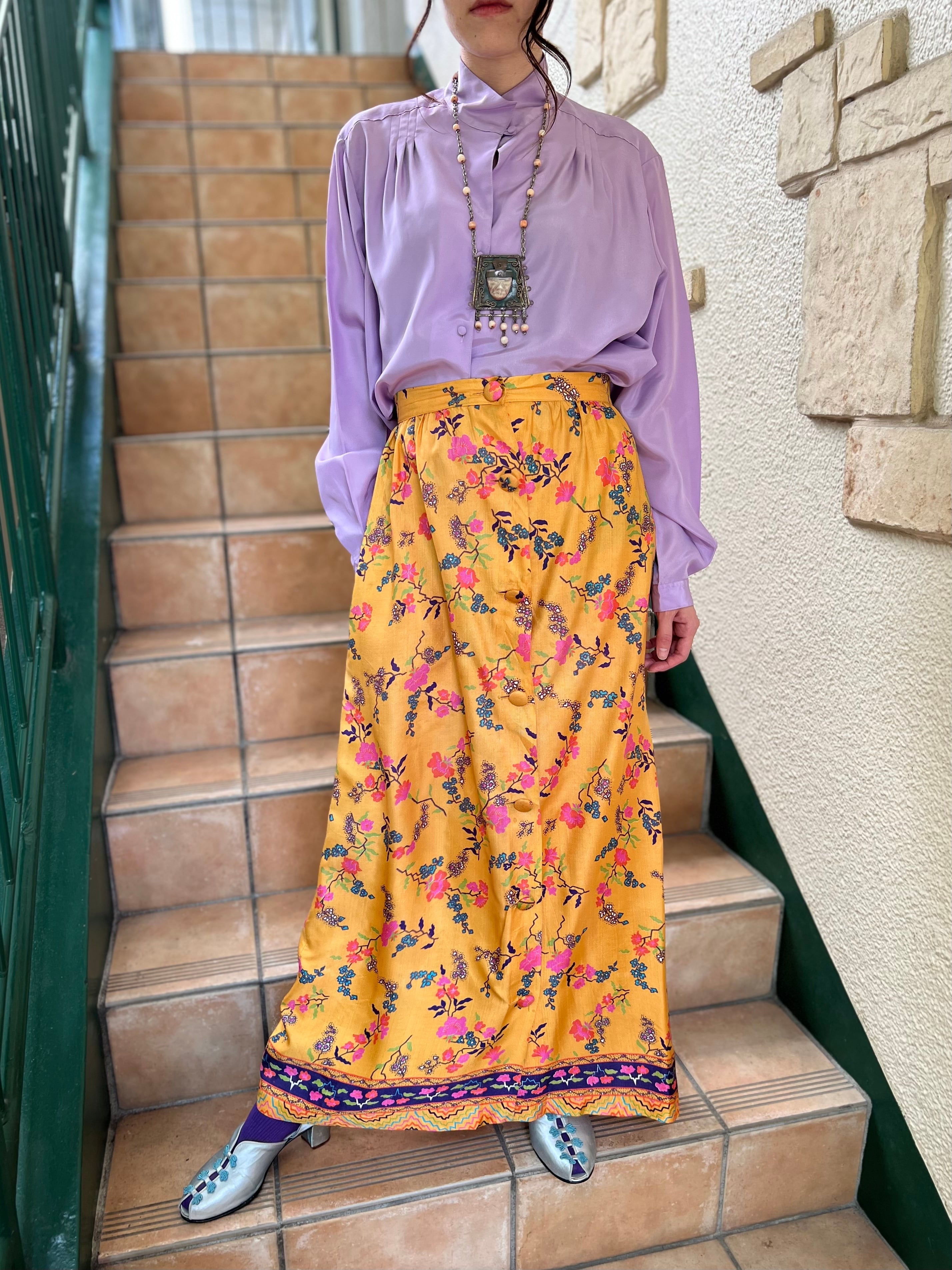 70s yellow × floral long skirt (ヴィンテージ イエロー × 花柄 ロング