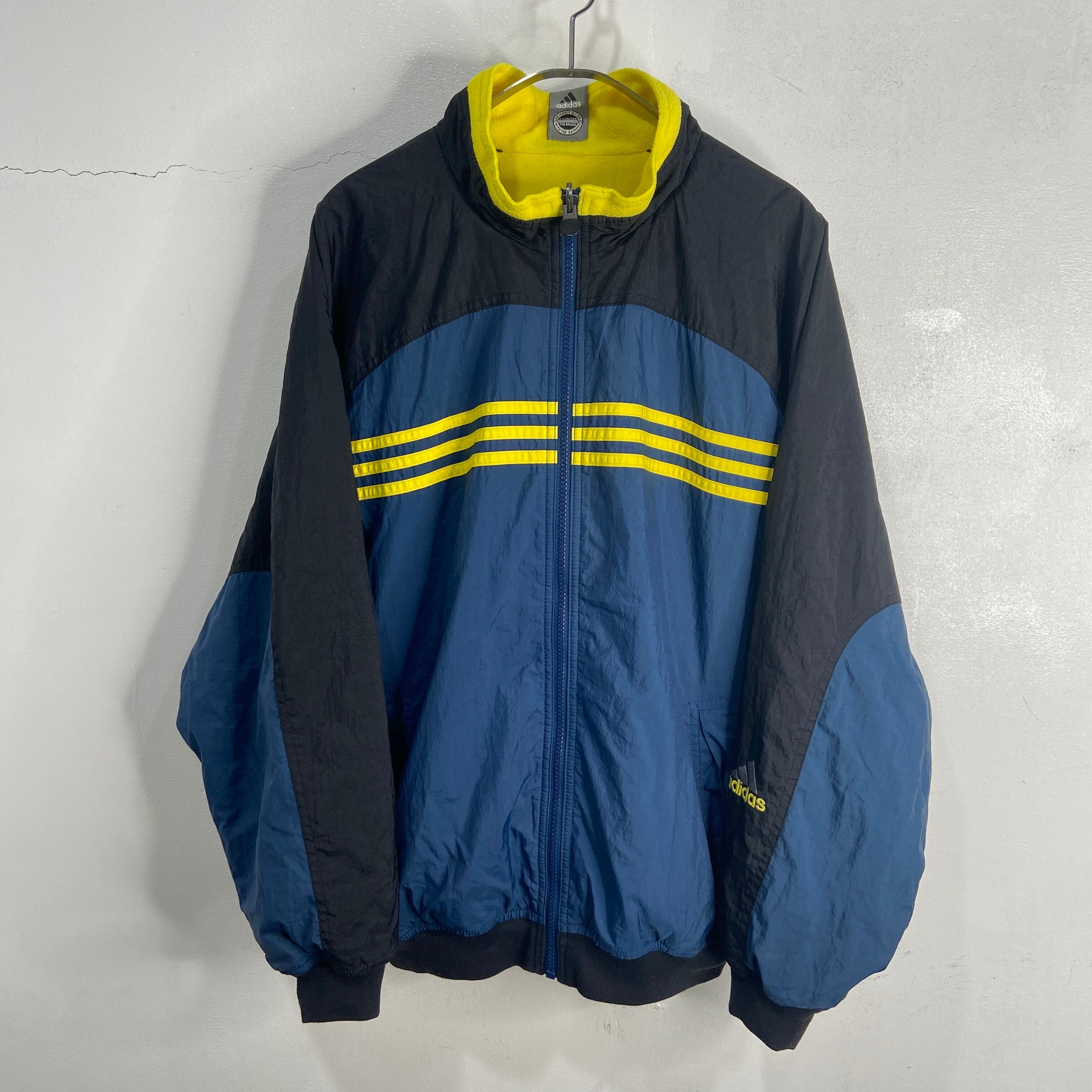 90s adidas リバーシブルナイロンジャケット 万国旗タグ 紺 黄 M 