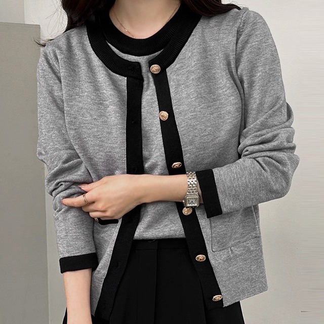 contrast color knit cardigan set with short sleeve top(2color)＜t3017＞