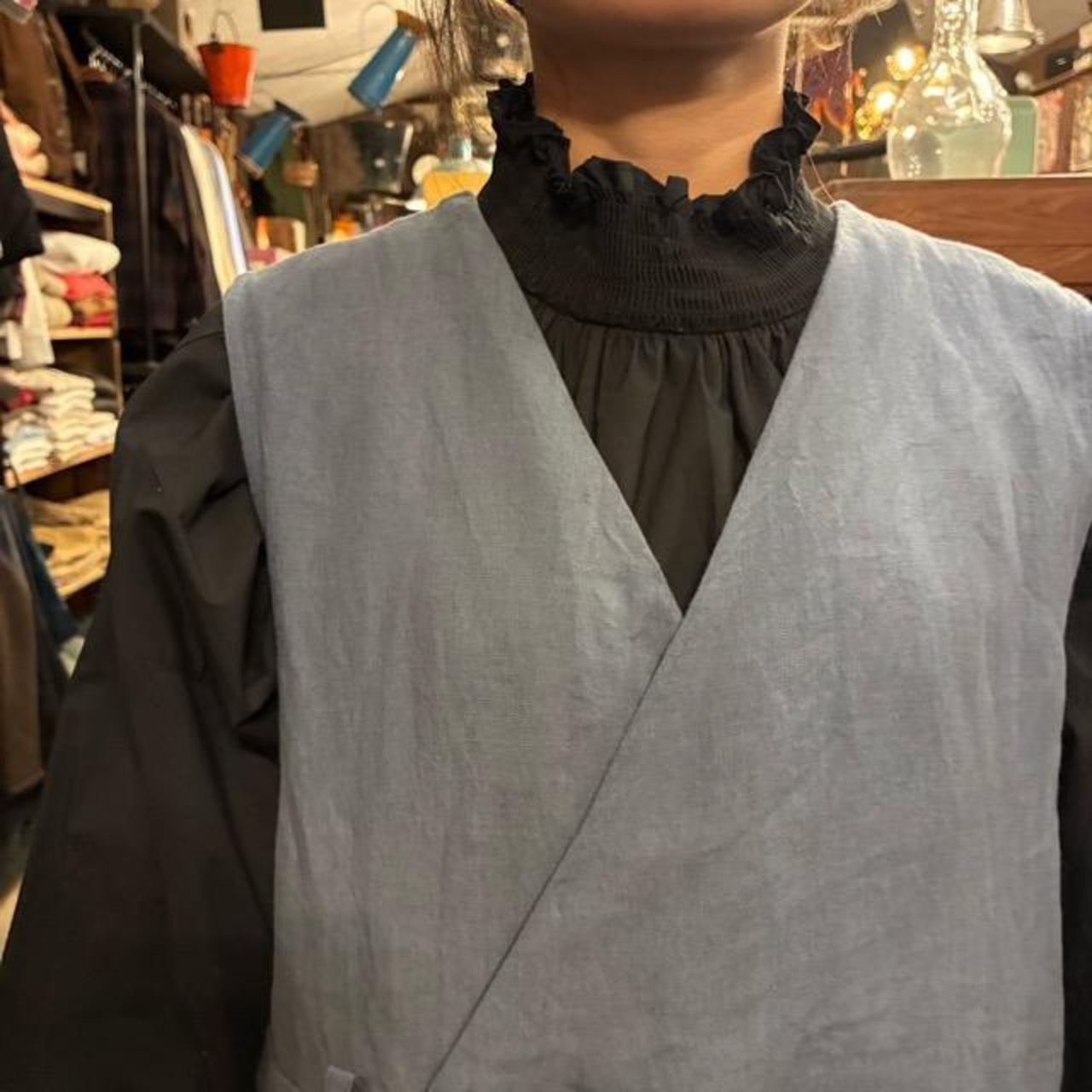 UNIVERSAL TISSU Triple Washed Linen Cotton Wrap Culotte Overalls in Smoky Blue