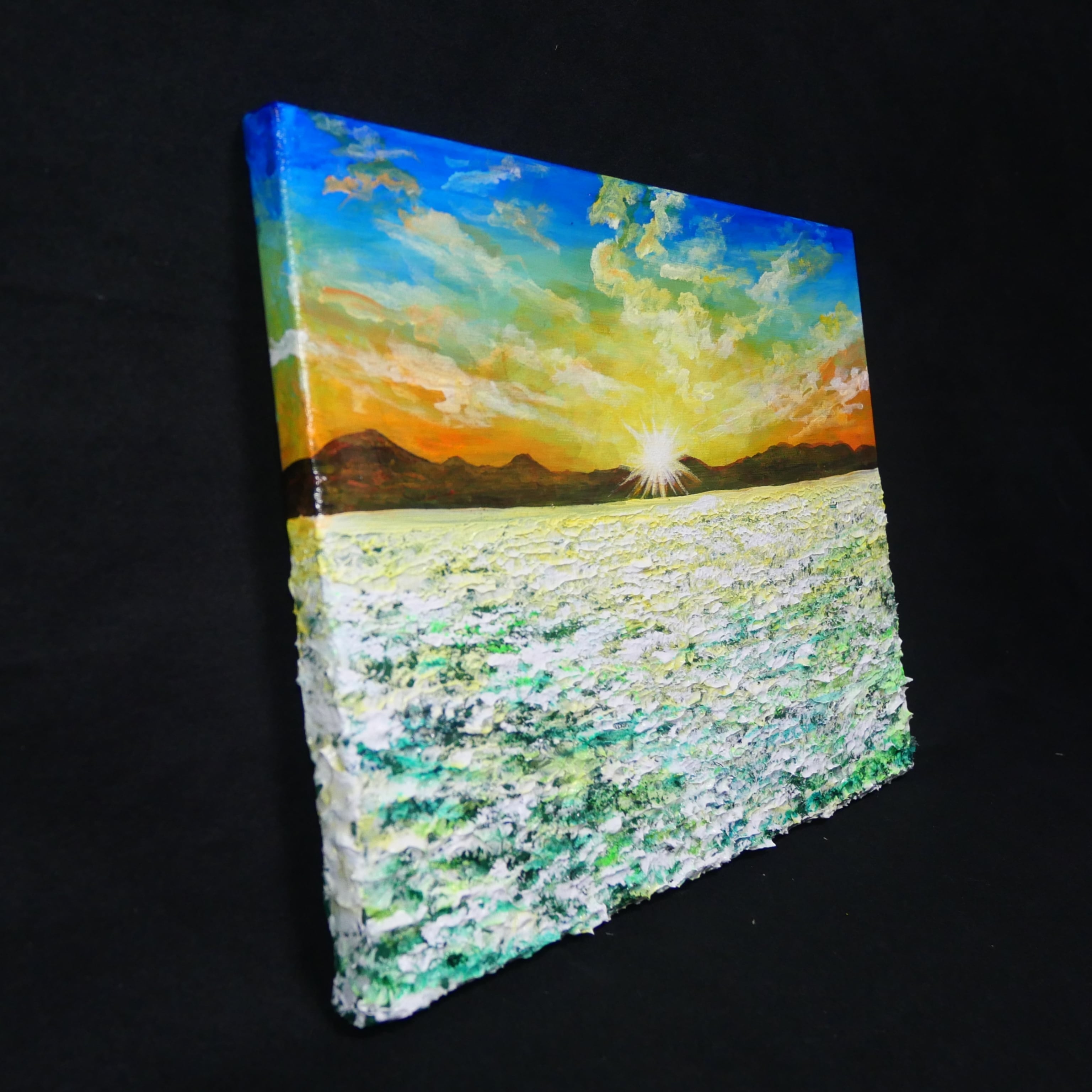 油絵 油彩 油彩画 絵画 絵【草原に咲く白い花と朝日】 | HIROSHI1990