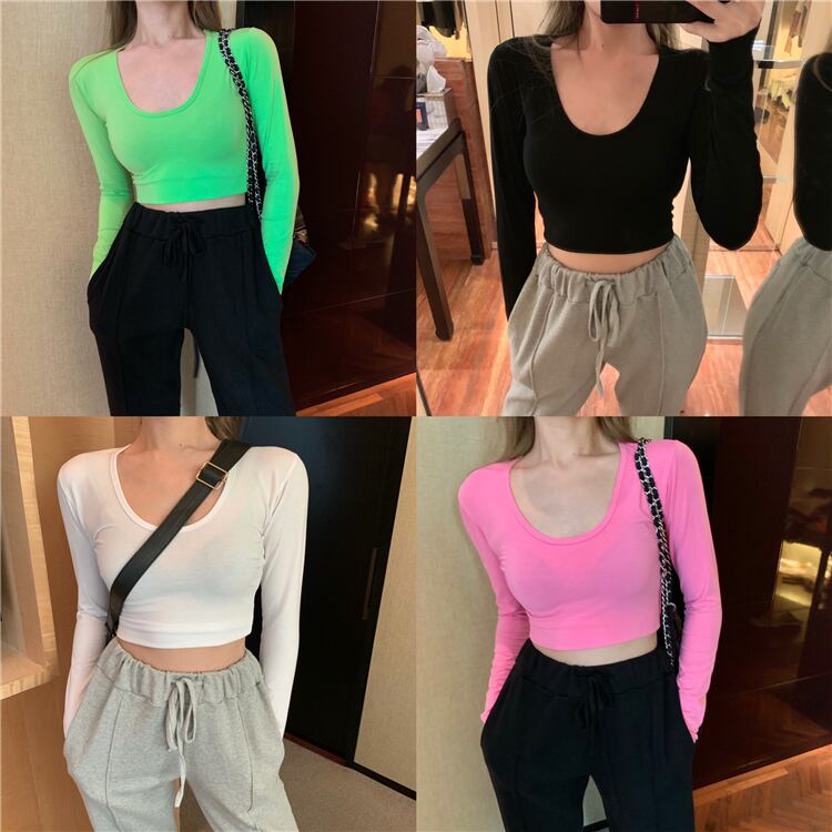 スプリングラウンドネックトップス ショートスリムTシャツ ロング 春物 Oネック ドラファッションホール74390630455