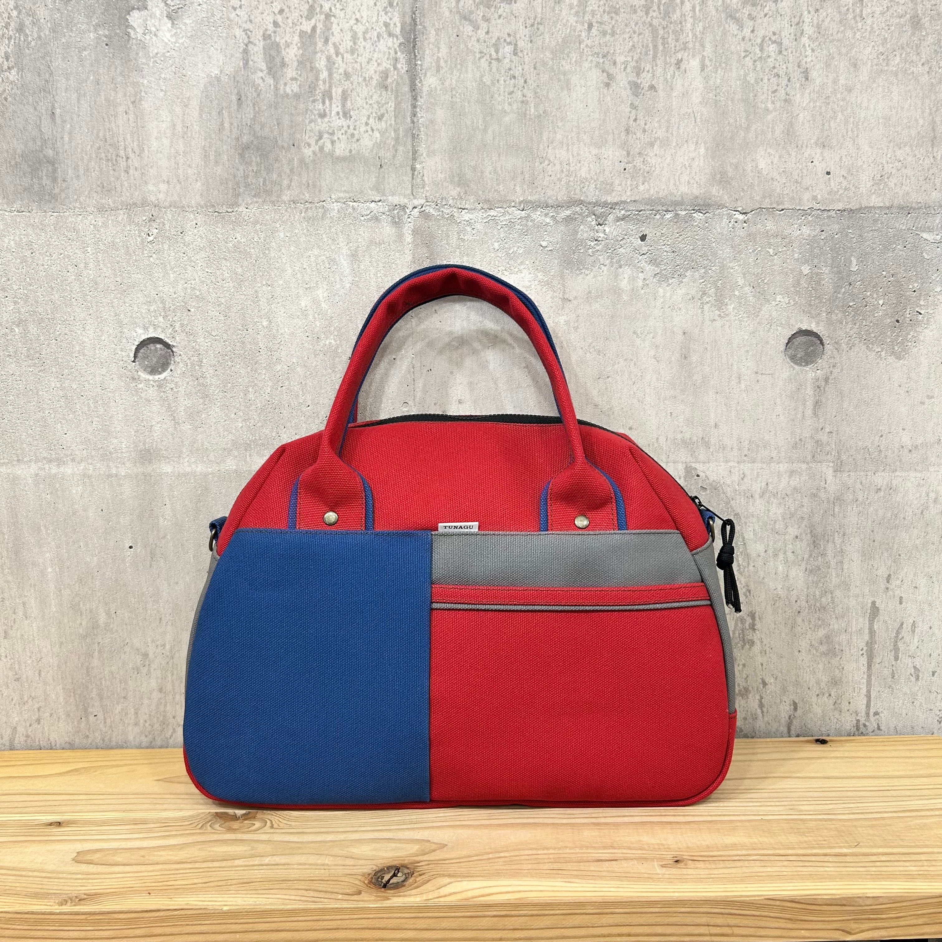 -* Boston Bag *- ブロック切替デザイン【赤×グレー×紺】