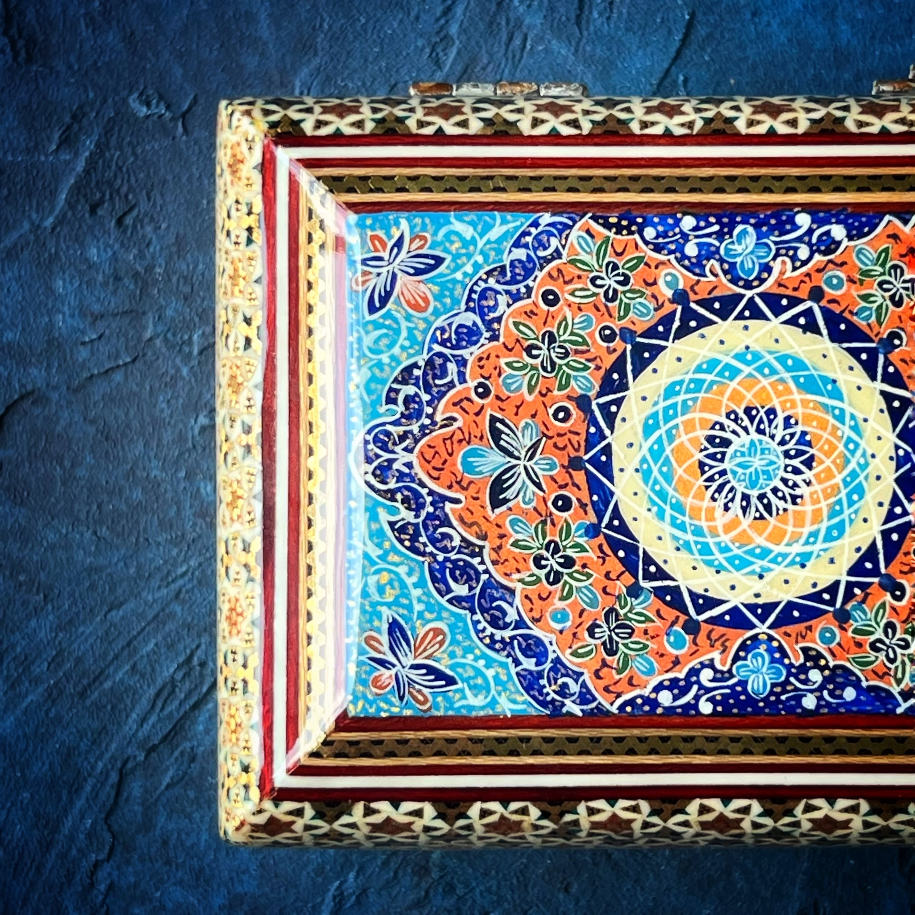 象嵌細工（ハータムカーリー）小箱 長方形 14cm ターコイズ × レッド