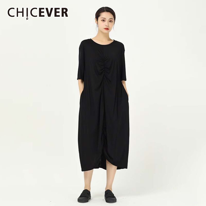 CHICEVERサマードレスレディースOネック半袖非対称裾シャーリングチュニックドレス2020 ショート ハーフスリーブ 夏物 6base511253691176
