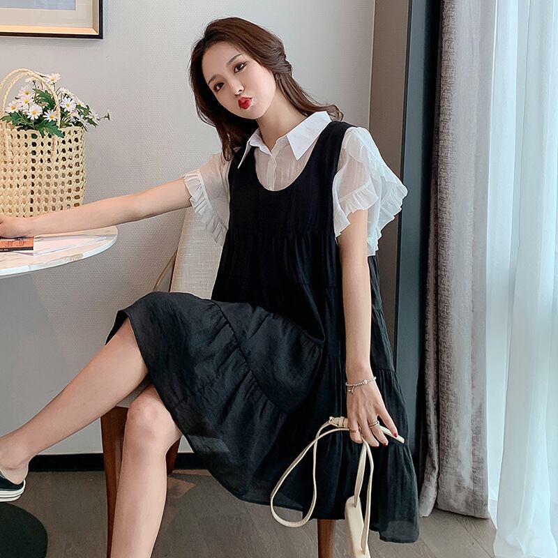 【新作】【送料無料】 マタニティウェア2020夏の新しい小さな新鮮な妊娠中のツーピースラペルトップ+ミドル丈のルーズサスペンダースカート-アリババ サマー 夏物 expec236411453043