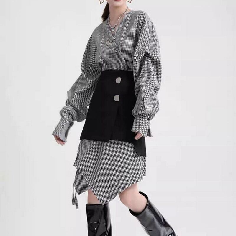 チェック柄シャツ×ブラックスカート セットアップ A0088