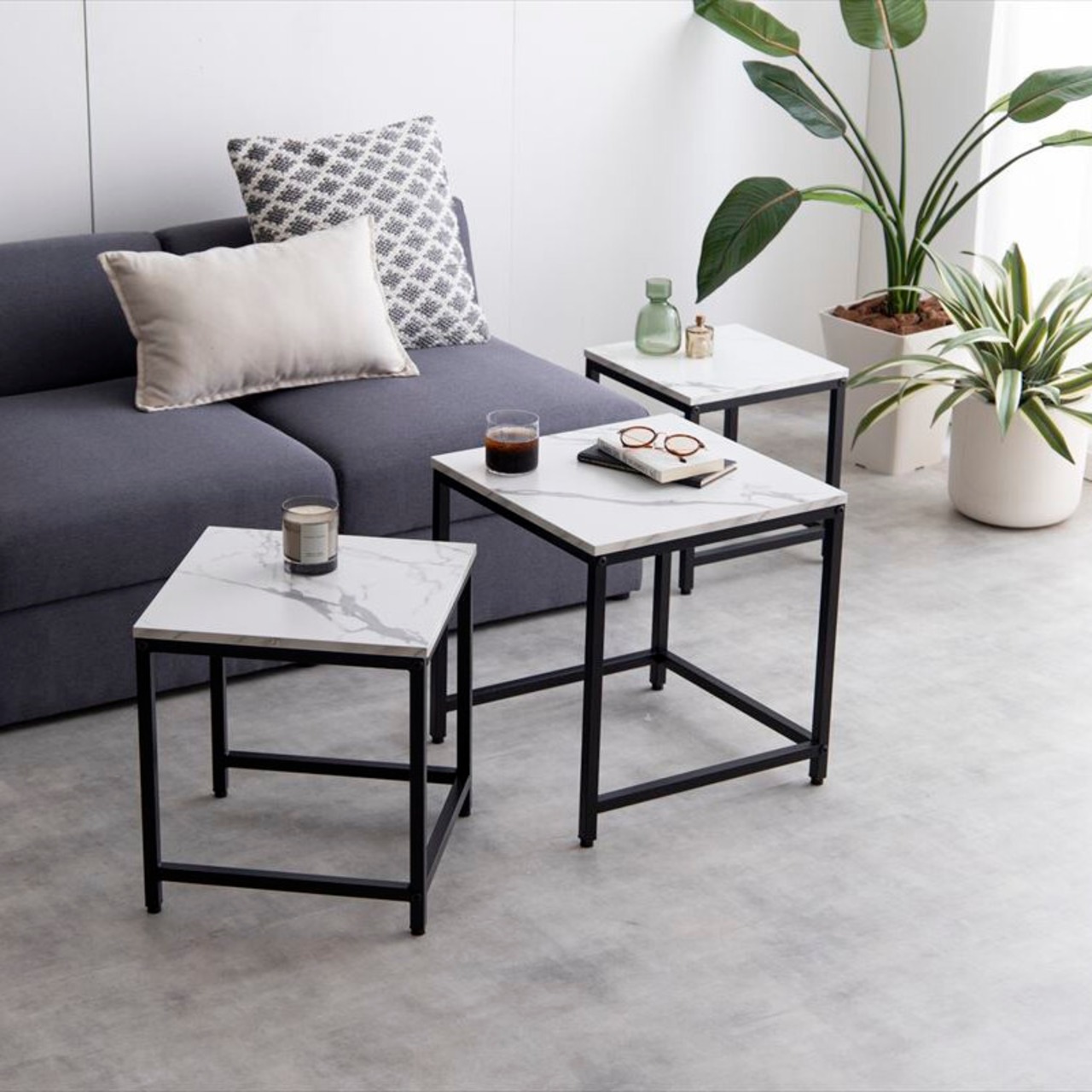 ネストテーブル 木目調 大理石柄