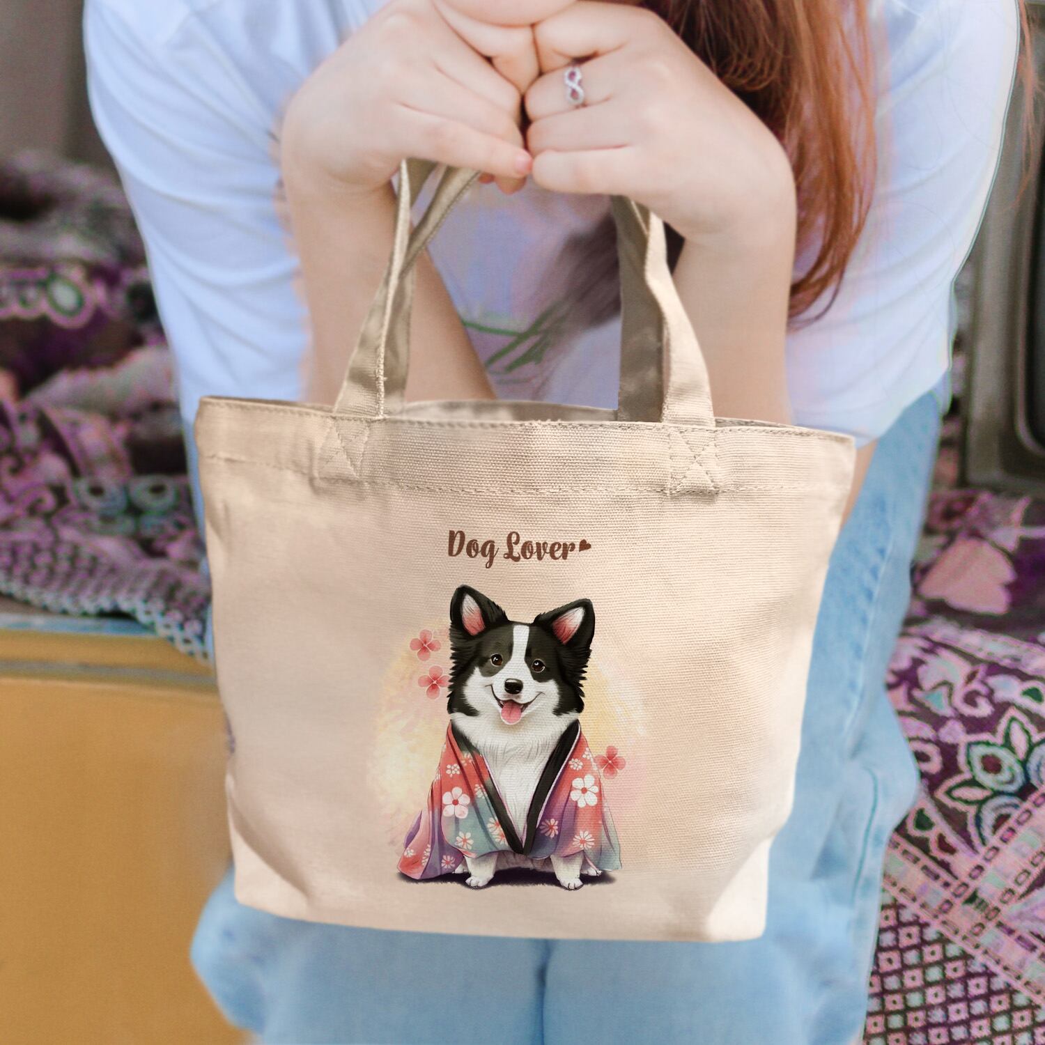 晴れ着姿の ボーダーコリー 】 ミニキャンバス トートバッグ 犬 ペット