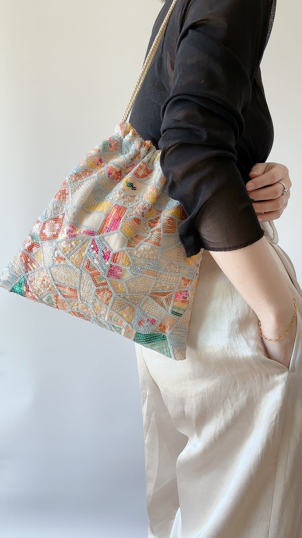 moro 巾着バッグ 刺繍バッグ Lサイズ moro1986