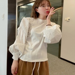 【送料無料】 ブラウス 長袖 無地 カジュアル系 大人可愛い くしゅくしゅデザイン 異素材切り替え ニット素材 きれいめ ラウンドネック こなれ感 30代 40代 春 レディースファッション 可愛い お出かけ 女子会 デイリーユース お茶会 お呼ばれ ホワイト