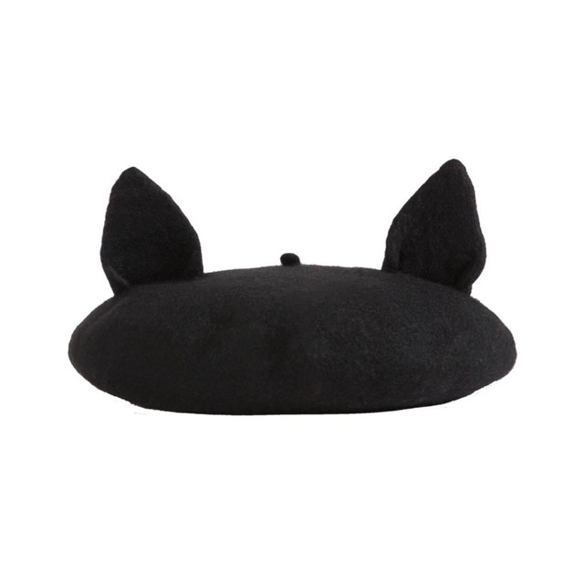 黒ネコ耳付ウールフェルトベレー帽　E00284
