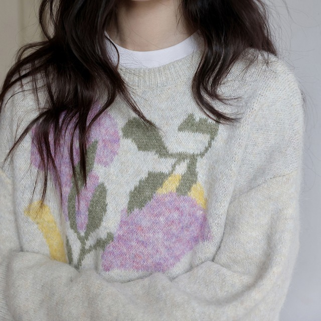 floral crew-neck oversized knit　J00375