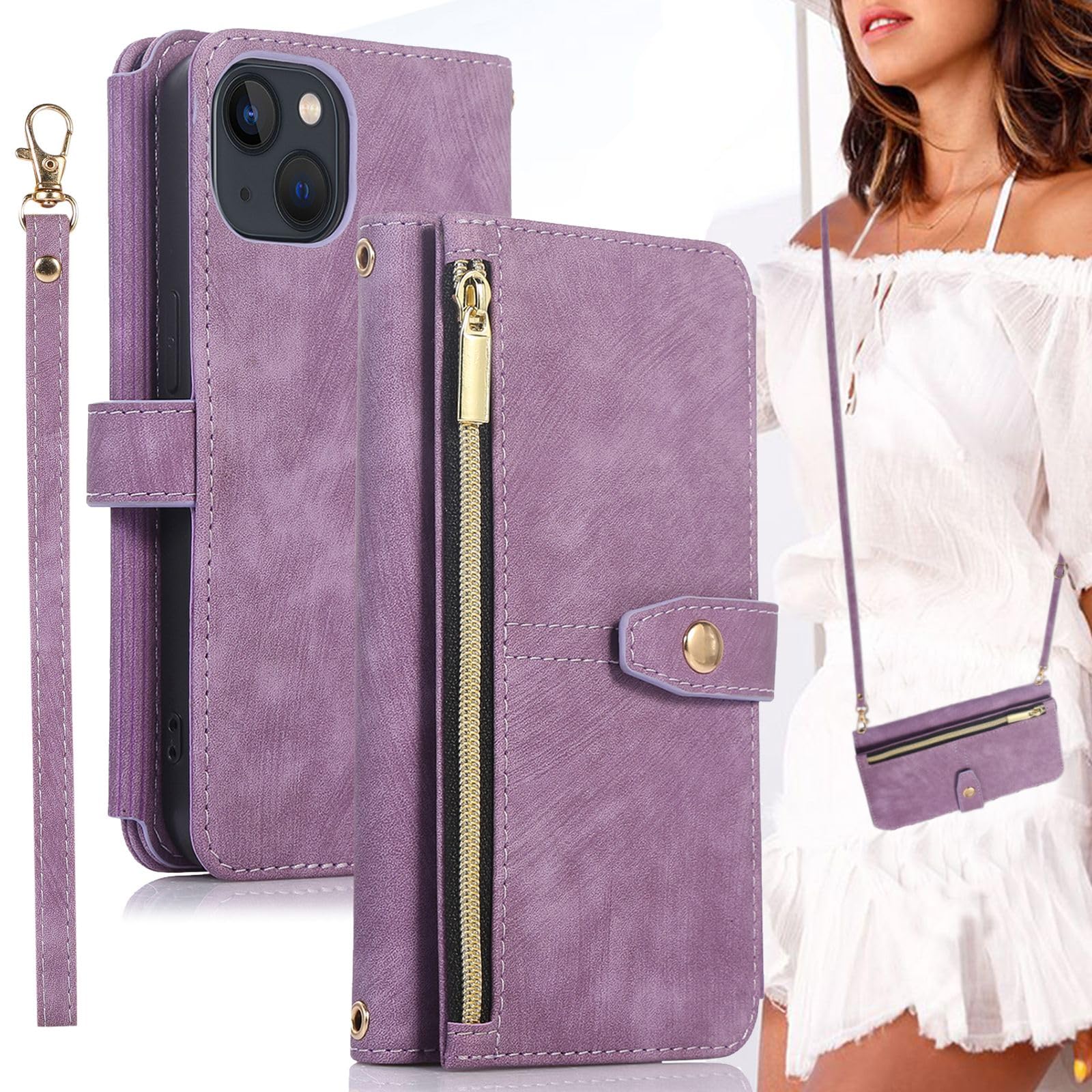 BonwFzin For iPhone 15 ケース 手帳型 ショルダー 適用 【 ストラップ 二本同梱】 アイフォン 15 ショルダーケース アイホン15 手帳 スマホケース ストラップホール付き カード収納 バッグ マグネット 肩がけ 斜め掛け ファスナー ジッパー スタンド カード入れ レトロ パープル