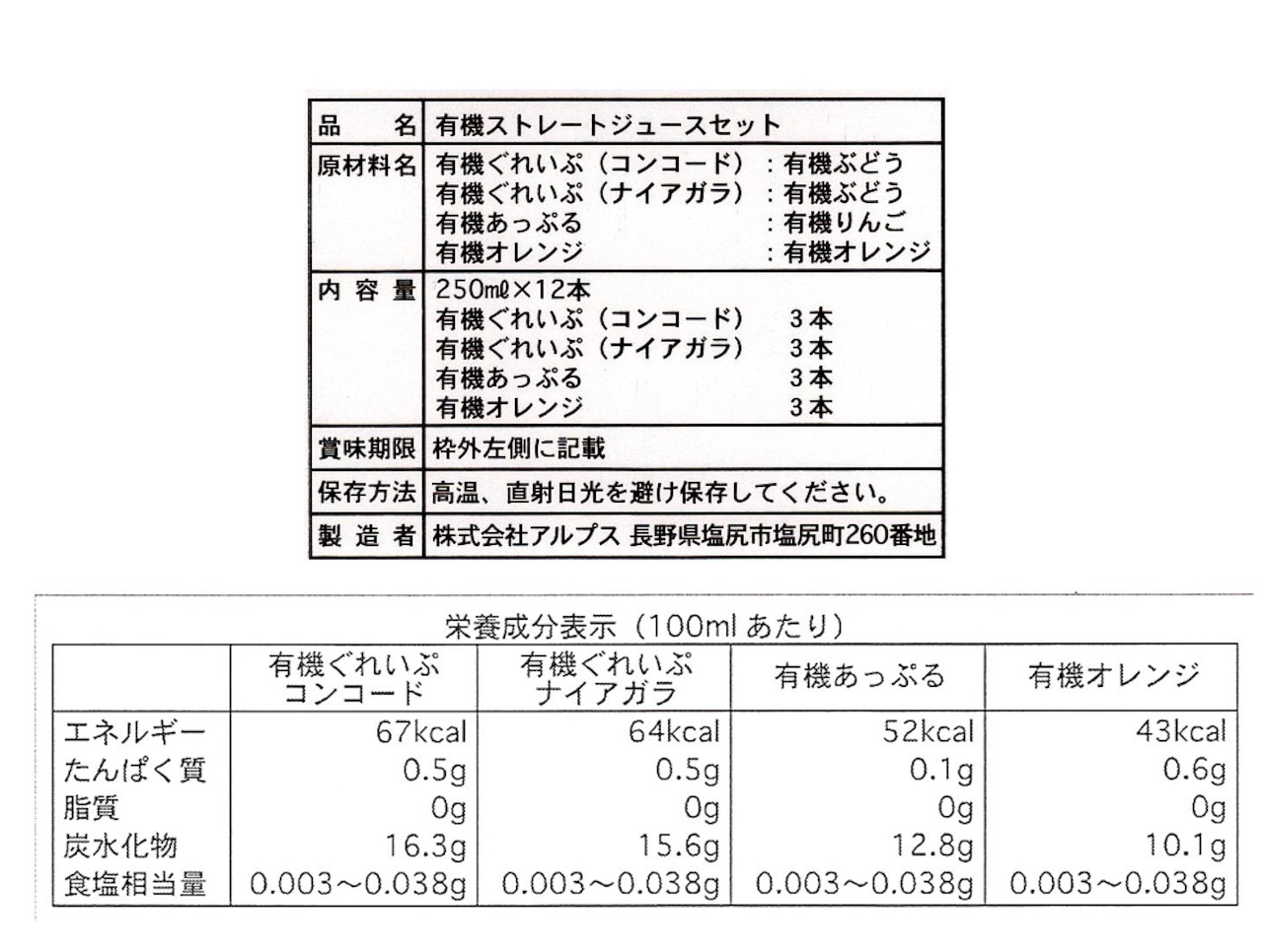 有機ジュースセット 250ml×12本 (ナイアガラ×3 コンコード×3 アップル×3 オレンジ×3)