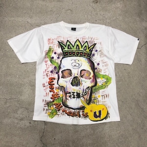 00s OLD STUSSY/CUSTOMADE/Skull print Tee/USA製/L/スカルプリントT/Tシャツ/ホワイト/カスタメイド/ステューシー/オールドステューシー