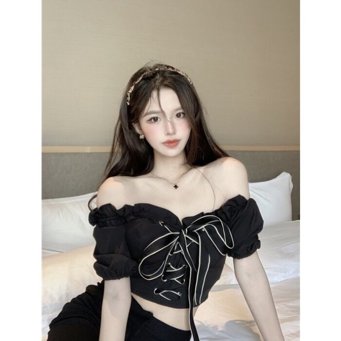 シャツ サマーショートトップス スリーブリボンブラック 大人ガーリー スウィート キュート カジュアル 夏物 ガールズファッション17640084477