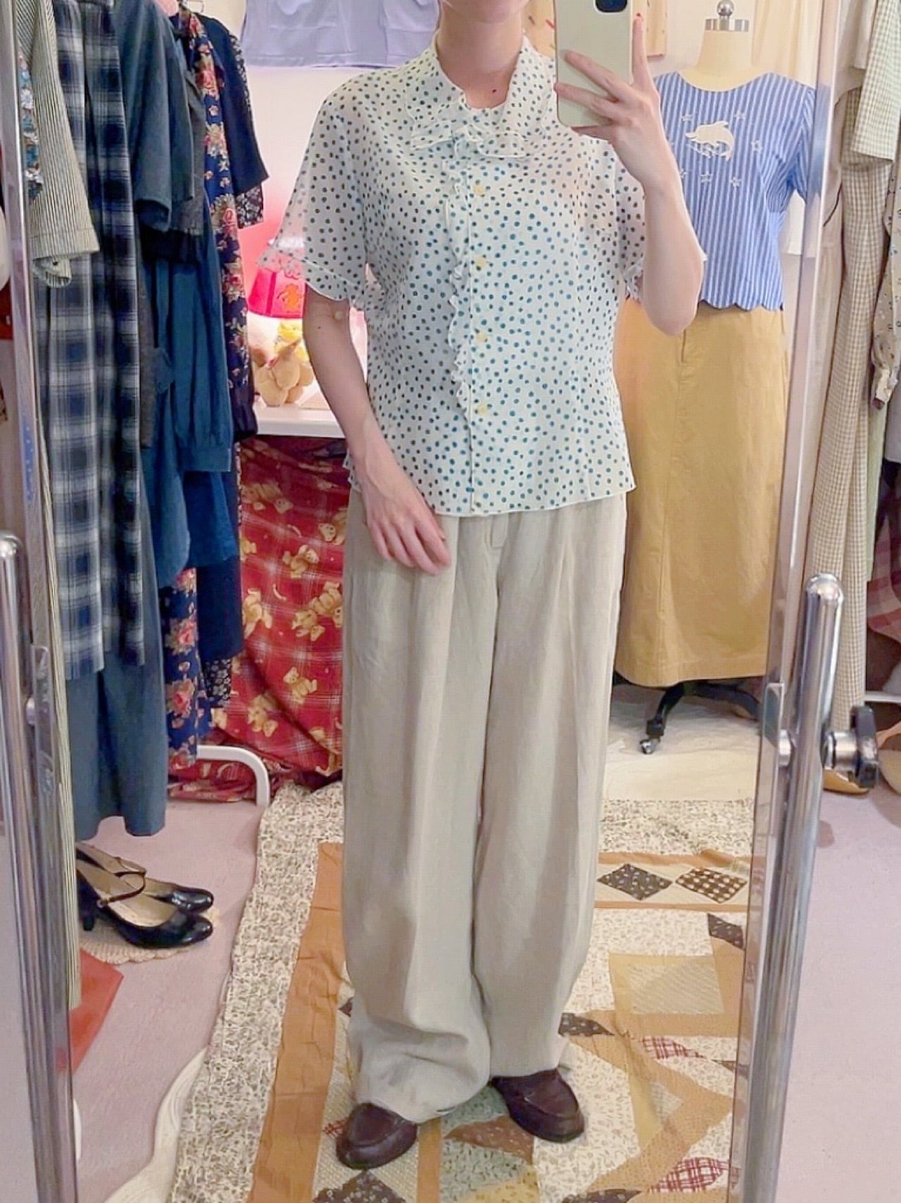 water blue dot frill blouse