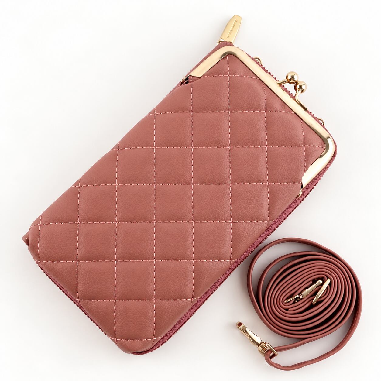 PUレザー がま口スマホショルダーポーチ ダスティピンク 2WAY 19×11×5cm レディース