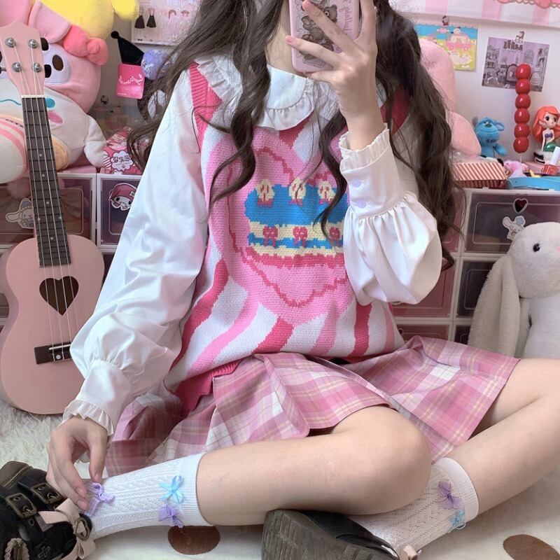 カラーストライプジャカードニットプルオーバー オータムノースリーブスタイル 大人ガーリー スウィート キュート カジュアル 秋物 萌量不足22402257592