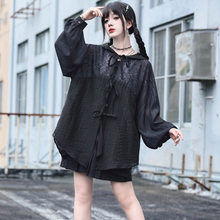 黒雲に潜む骸骨 フード付きランタンスリーブ中華ゴシックカーディガン
