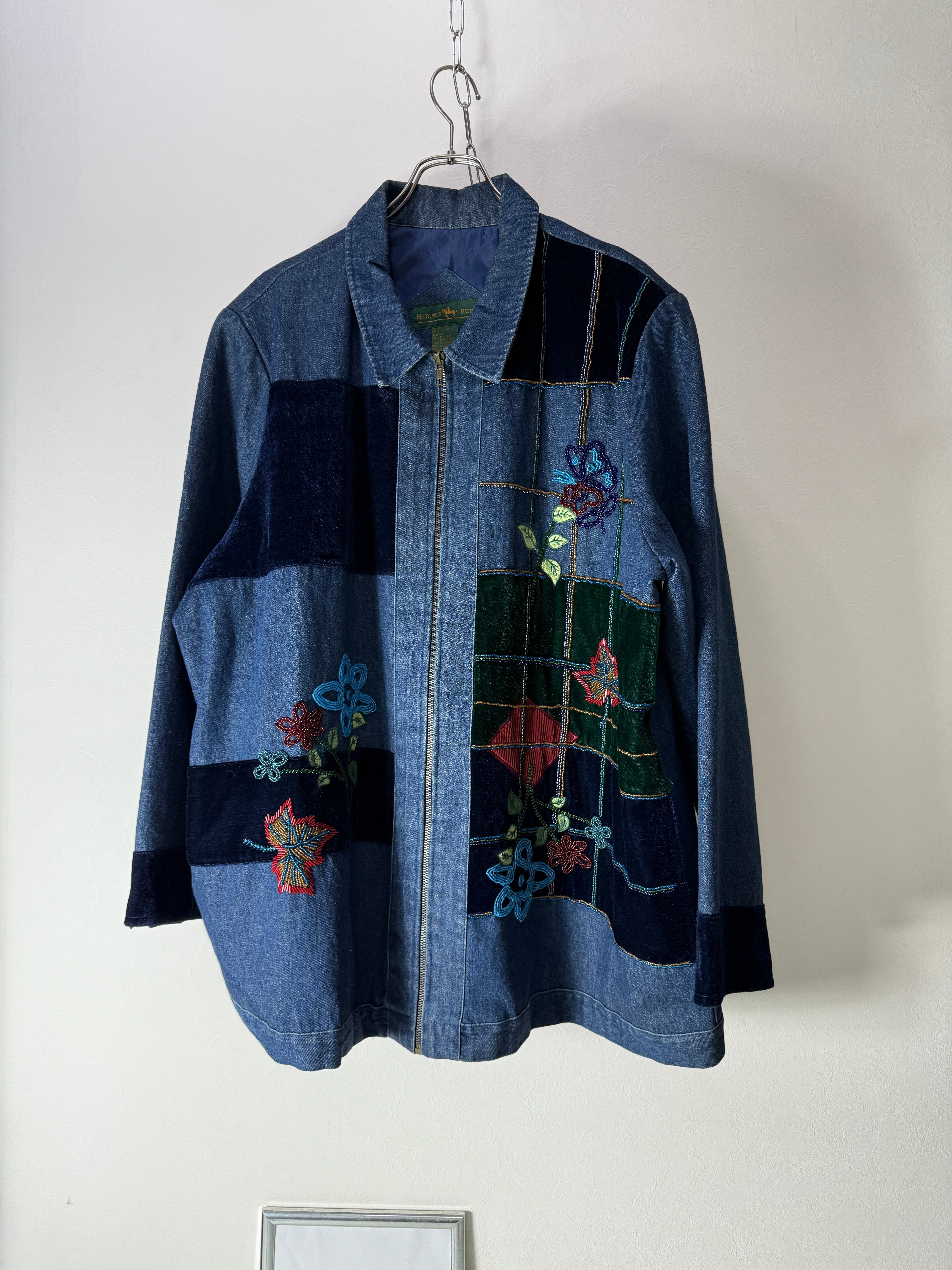 90’s Beaded botanical Denim & Velvet Zip Jacket