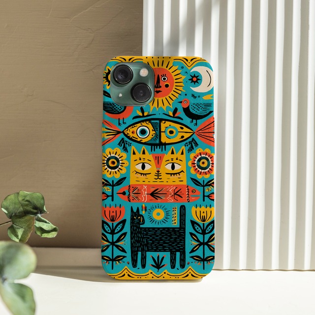 受注生産 iPhoneケース 猫と太陽の民芸タイル｜フォークアート PSYF011A