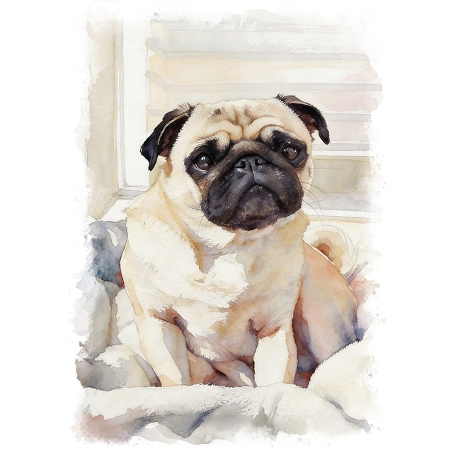 絵画 動物 犬 パグ インテリアアート額付き 水彩画・油絵風 WAT1105