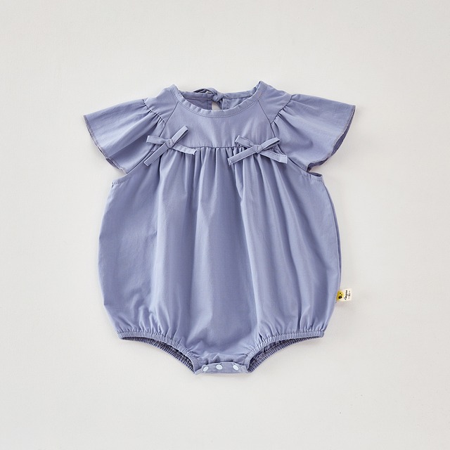 【BABY】ブルーダブルリボンフリル袖半袖ロンパース - 7