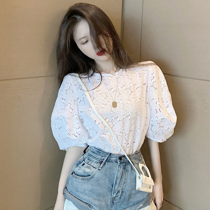 刺繍スリーブシャツ オータムルーズ薄手トップス 秋物 ガールズファッション5182619078