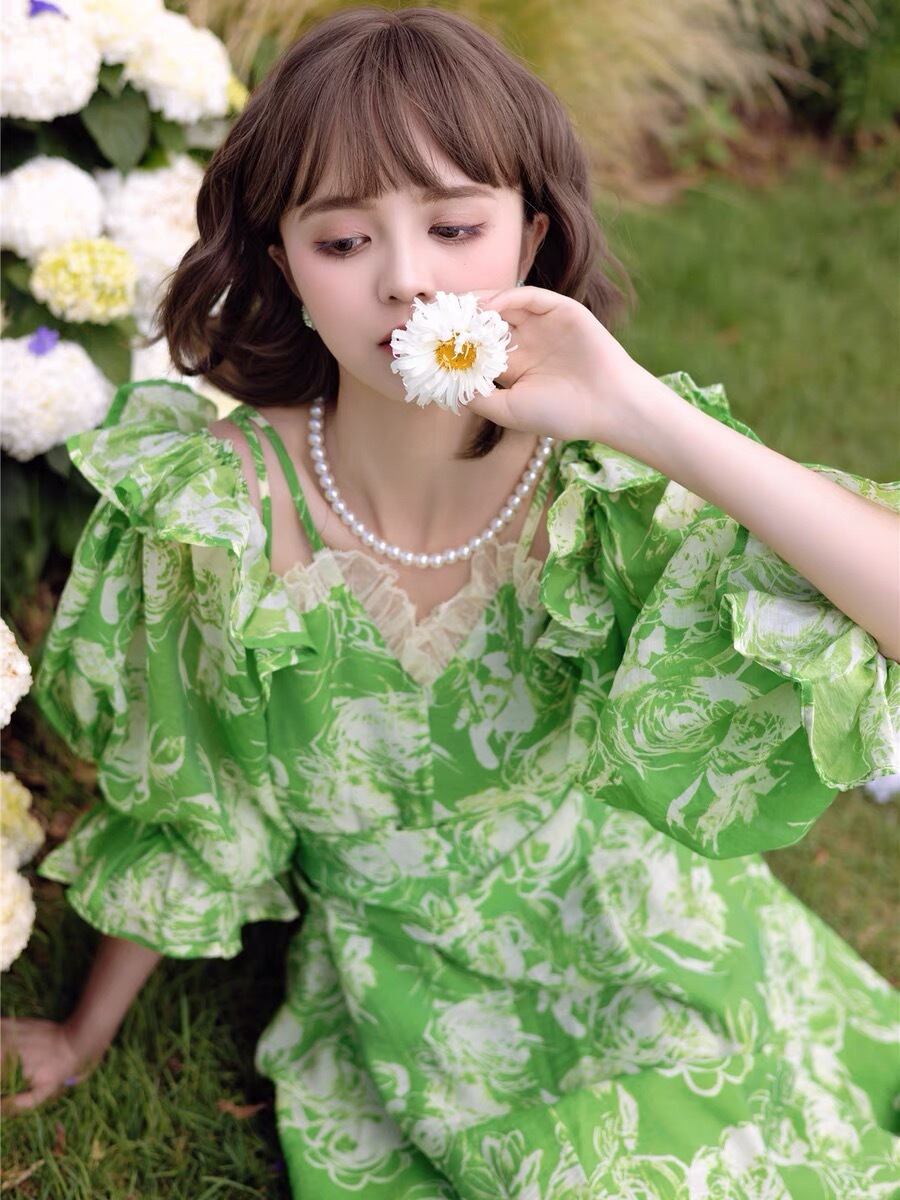 ワンピース パーティー 緑 花柄 フラワー ワンピース ガーリー