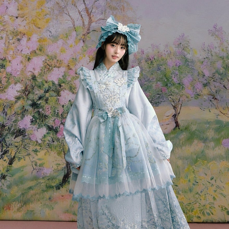 ロリータファッション 中華ロリータ 梅花刺繍レースウエストリボン
