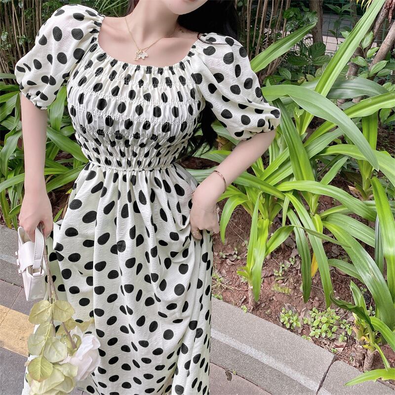 【新作】【送料無料】 【四辺ゴム】おしゃれな夏の新スタイルスクエアネック水玉ロングスカート、年齢を減らす女の子、ウエストを細くする、2着の万能スカート 0240182214068