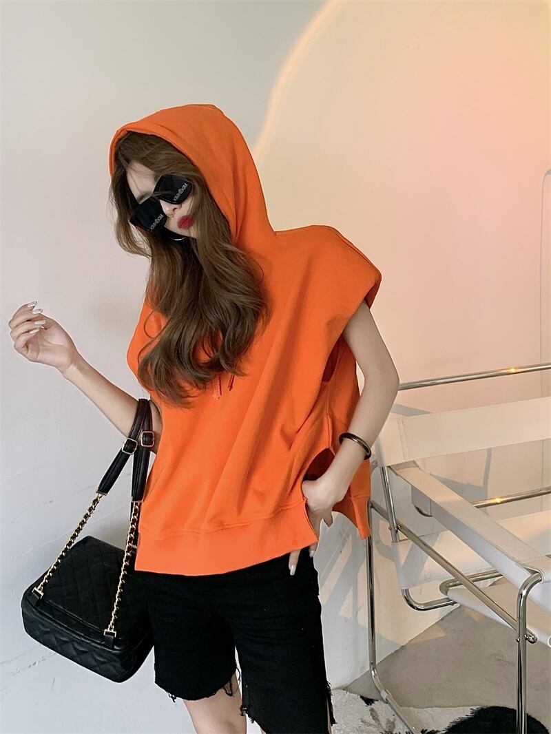 オータムルーズソリッド カラーフードノースリーブセーター トップス 秋物 ソリッドカラー ガールズファッション27938134509