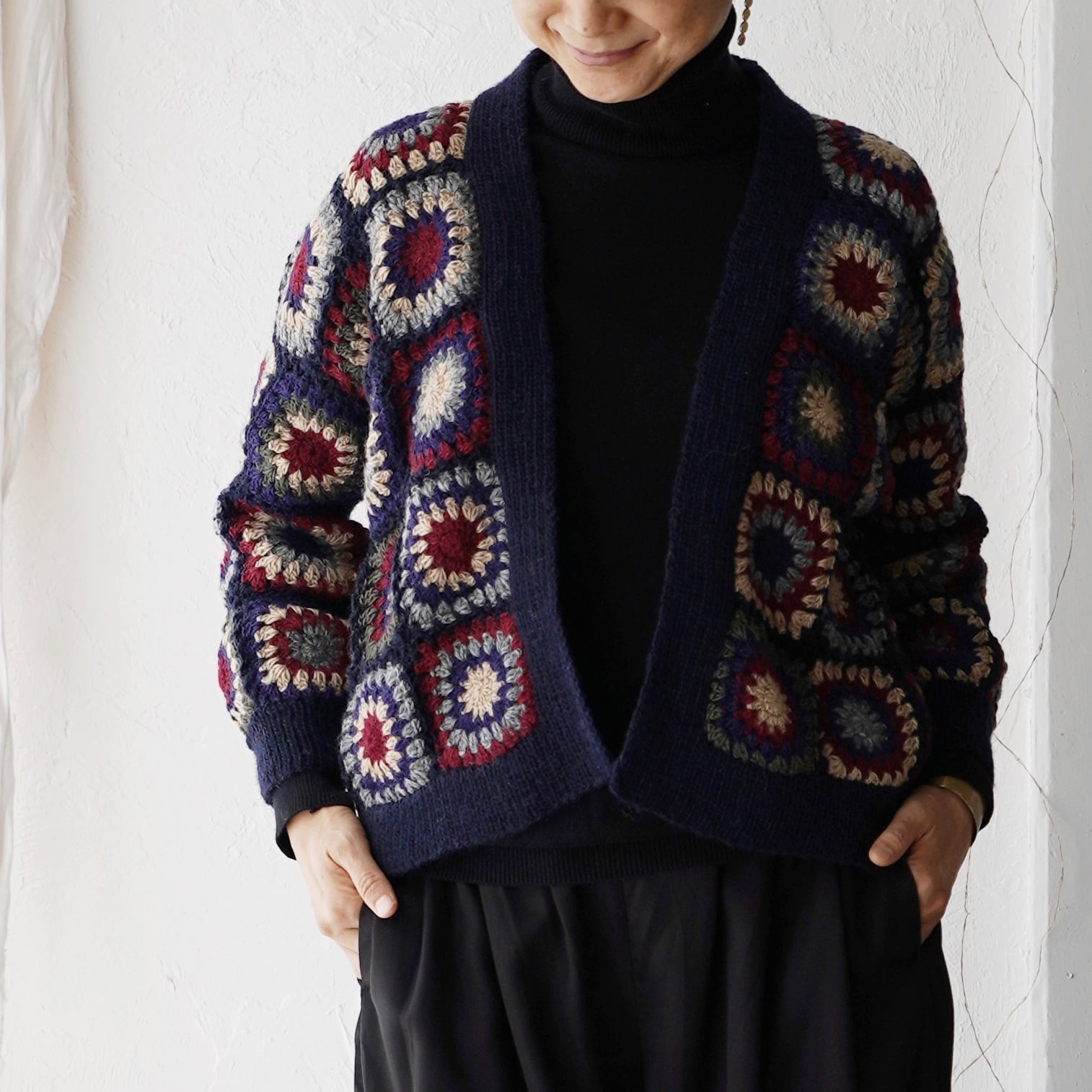 Crochet Work パッチワークニットカーディガン（手編みパッチワーク 