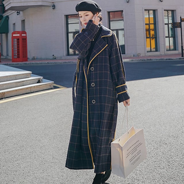 コート レディース アウター ロングコート ロング丈 秋冬 ウール オーバーシルエット トレンチコート おしゃれ かわいい カジュアル チェック柄 イエロー ネイビー S/M/L/XL