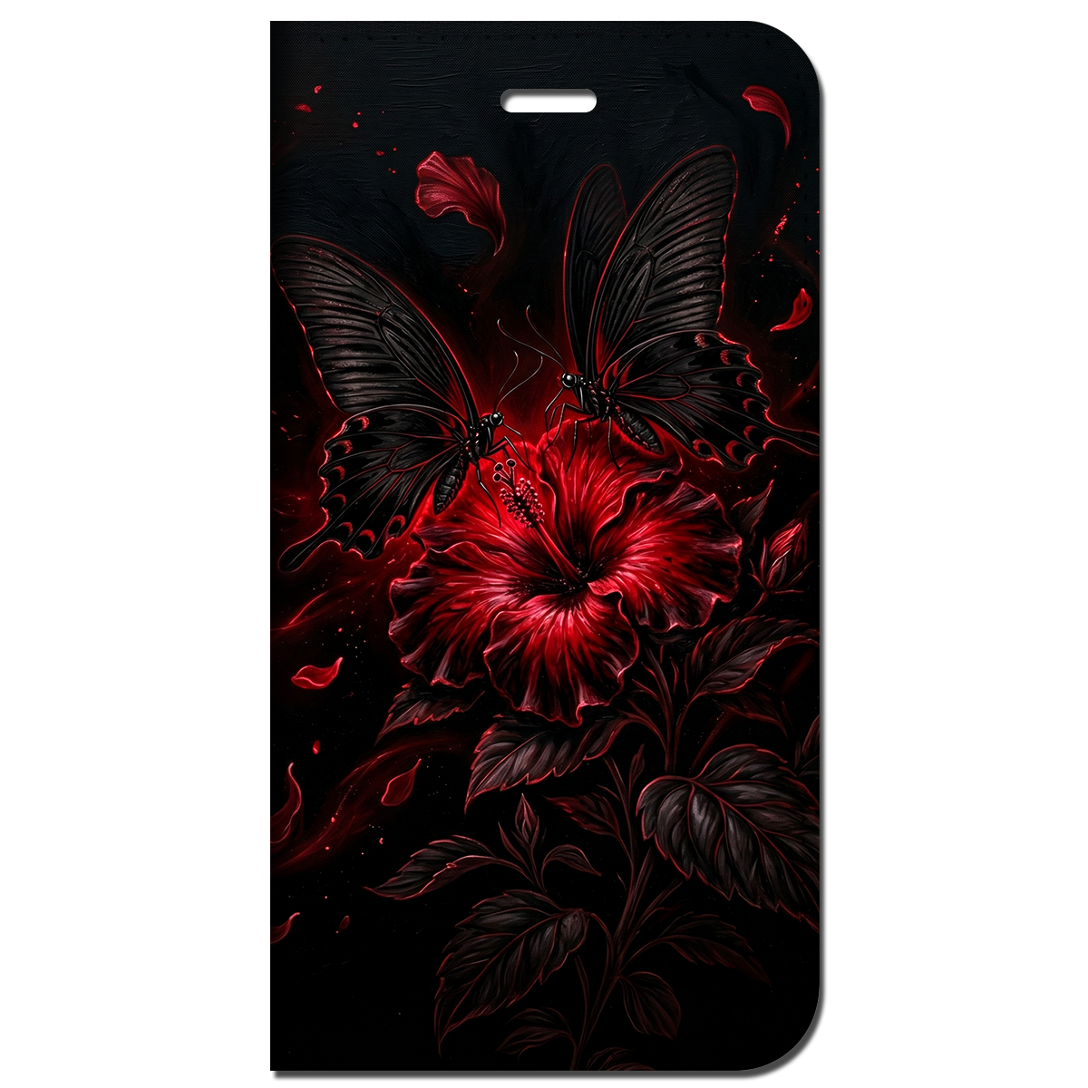 iPhone対応 スマホ 手帳型ケース 夏 ハイビスカス 黒揚羽蝶 漆黒 ポイズンレッド モード クール ストリート 妖艶 派手 かっこいい ギフトスマホケース スタンド 【iPhone17 / iPhone16e / iPhone16 他 iPhone各機種対応】 |iasmmn06