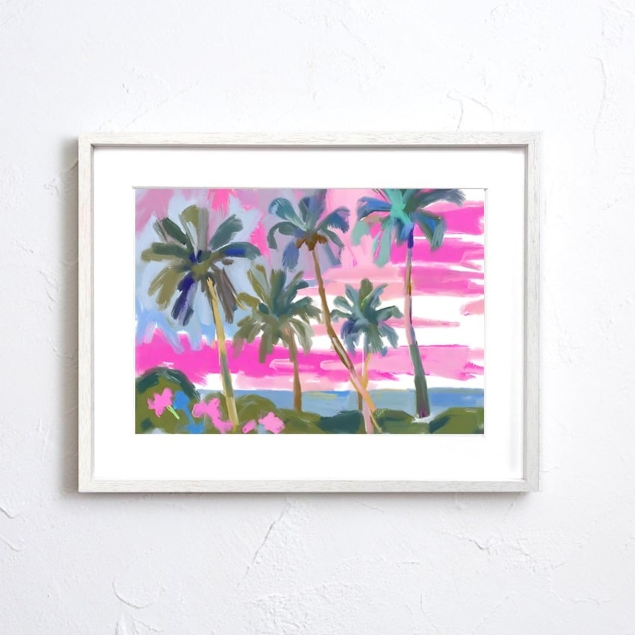 Sunset Beach｜ピンクに染まる夕暮れの海アートポスター｜油絵調の柔らかな癒しデザイン｜北欧ナチュラルに合う額縁セット｜A3ポスター